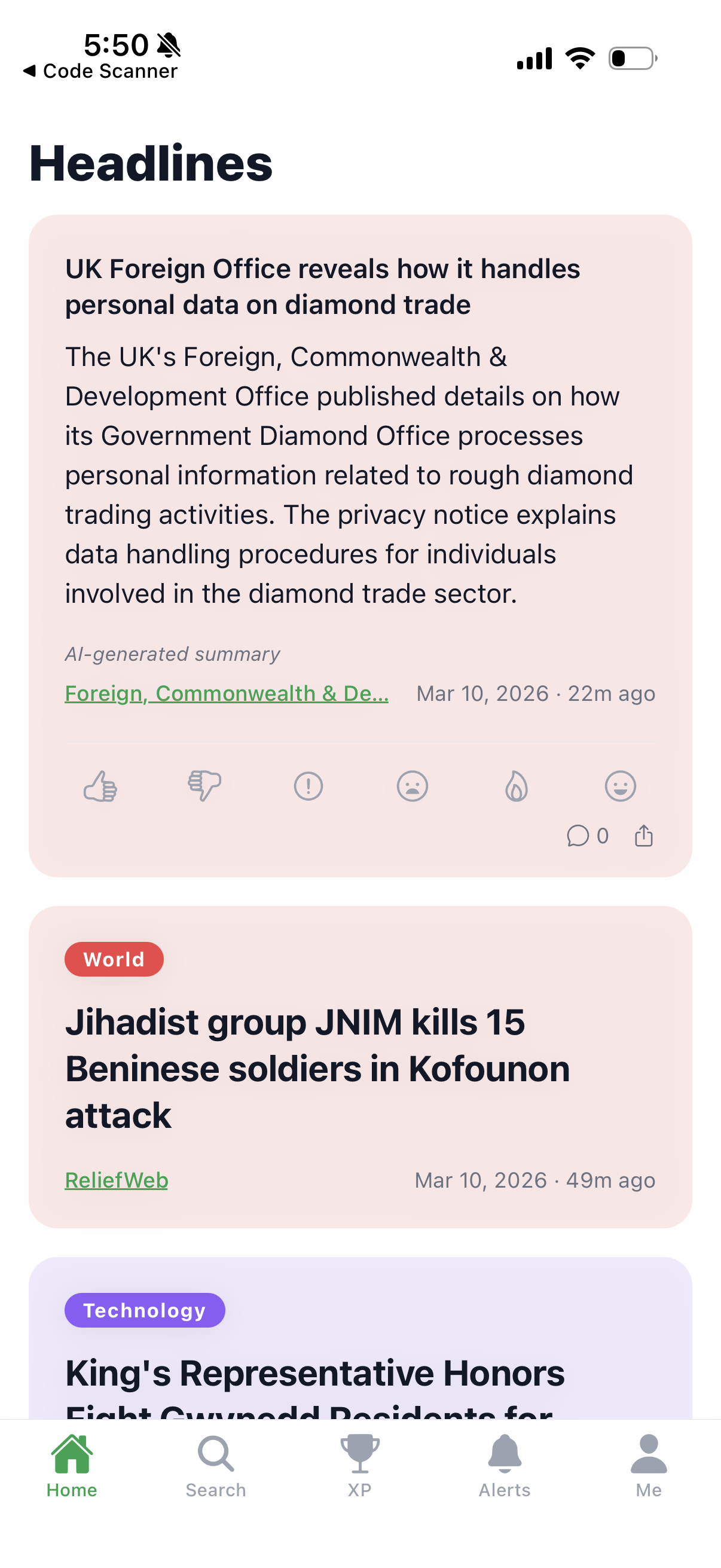 PinTech flipped card showing AI summary with 6 reaction buttons