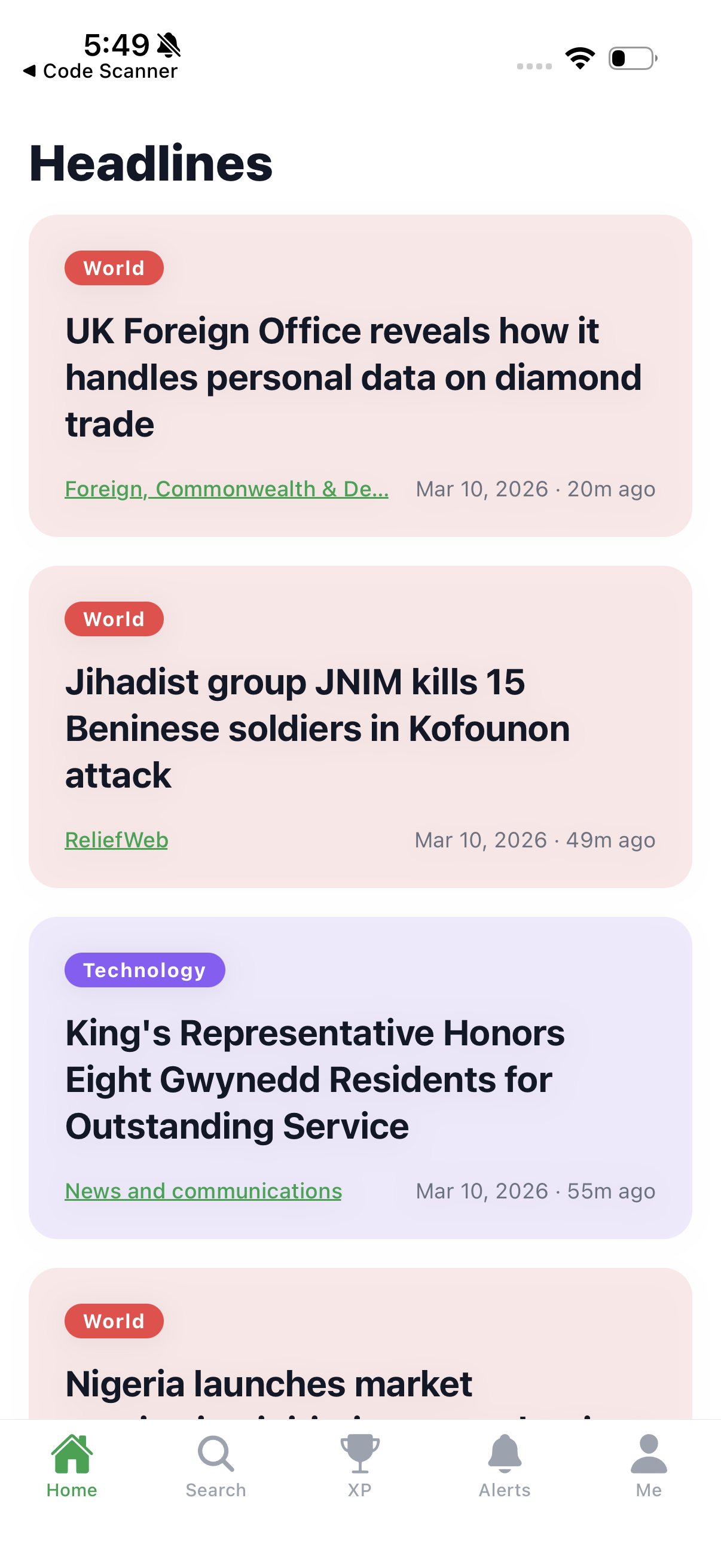 PinTech news feed showing categorized headlines with source attribution and dates