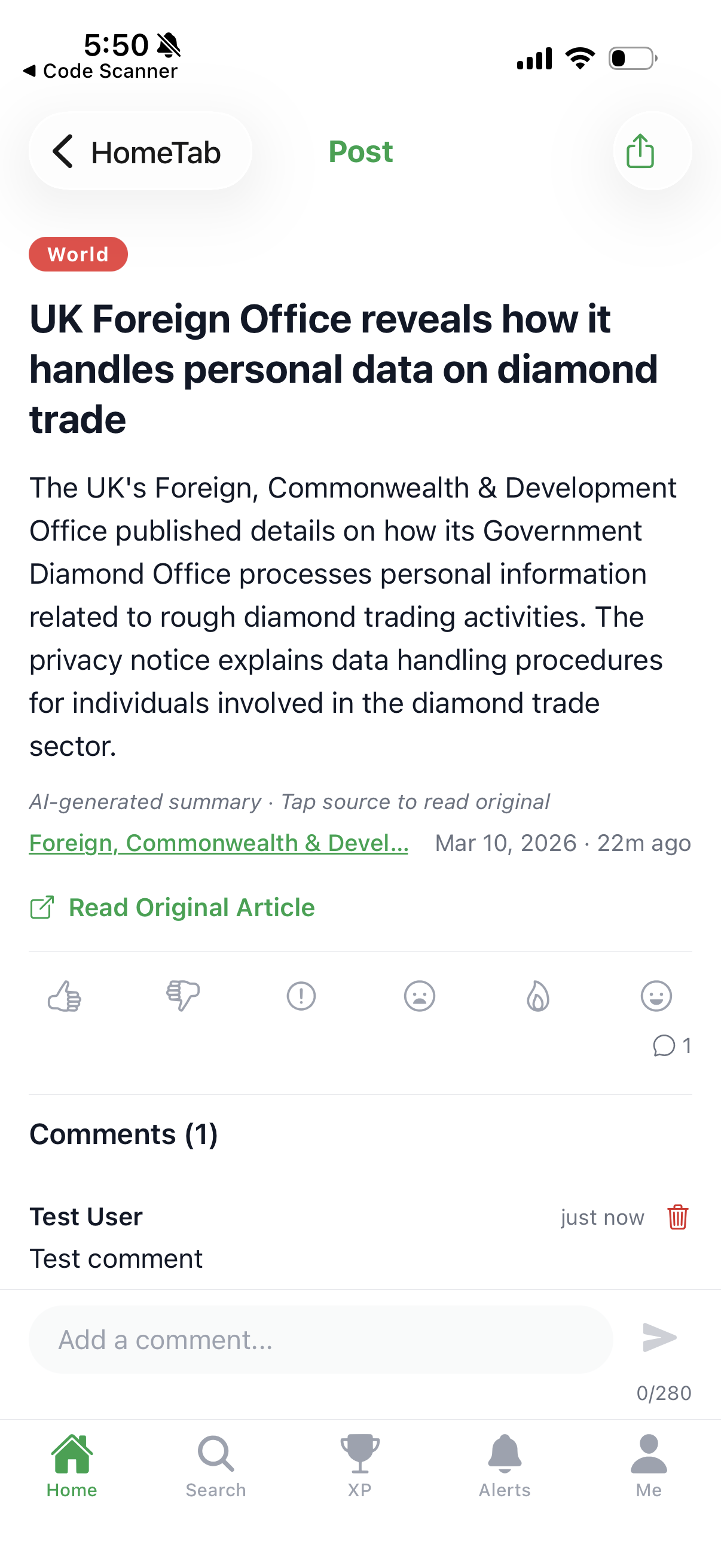 PinTech post detail with comments, reactions, and source link